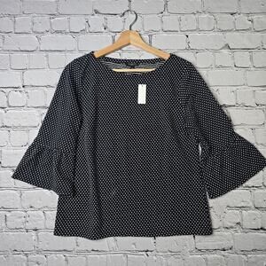 Talbots Cotton Blend Polka Dot Black White Flare Cuff Boxy Blouse New Size MP
